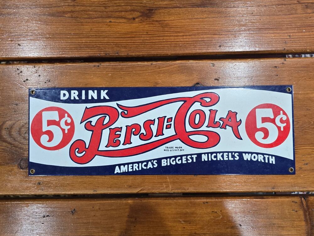 Vintage Ande Rooney Porcelain Enameled Pepsi Cola 5 Cents Metal Sign 18"x 6"